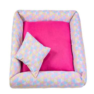 Imagem de Cama Pet para Cães e Gatos, Kit com Almofada, Tamanho Pequeno 40x40cm, 100% Algodão, Hipoalergênica, Laica Rosa e Pink, Quadrada, Estampa Animal