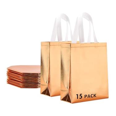 Imagem de RACETOP 15 sacos de presente reutilizáveis em ouro rosa, 20 x 10 x 25 cm, elegantes sacos de presente não tecidos brilhantes para aniversário, casamento, lembrancinhas de festa, embalagem de