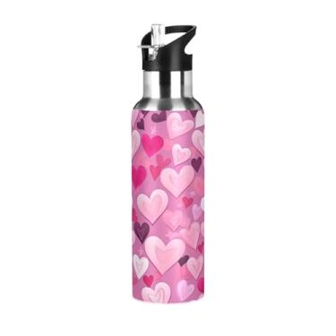Imagem de Wassud Garrafa de água fofa coração garrafa de água esportiva de aço inoxidável com canudo garrafas de água isoladas copo portátil de viagem 623 g