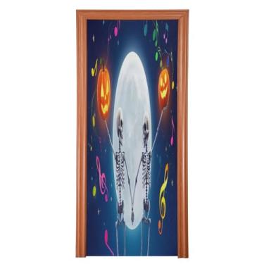 Imagem de Qilmy Decoração de capa de porta 91 x 248 cm tecido grande placa de decoração de festa de Halloween para porta da frente Halloween divertido esqueleto varanda decoração externa janela parede 166