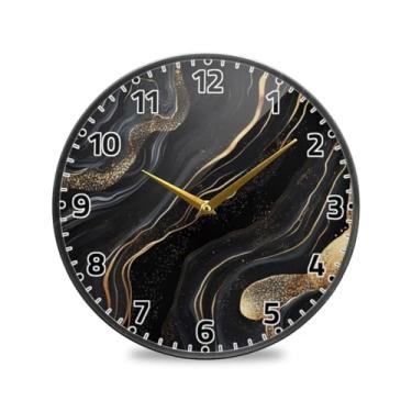 Imagem de WELLDAY Relógio de parede sem tique-taque 25 cm - Relógio redondo silencioso de quartzo operado por bateria de mármore preto dourado para casa/escritório/cozinha/sala de aula