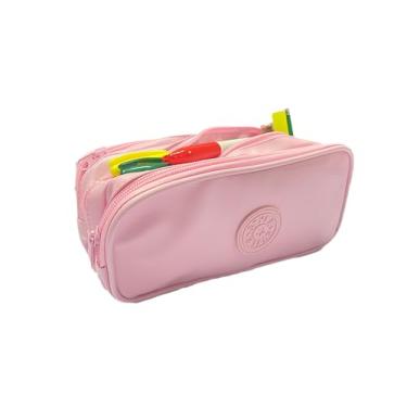 Imagem de Estojo Escolar VMP em PVC Rosa – Compartimento Triplo com Ziper Reforçado para Canetas, Lápis e Acessórios Escolares.