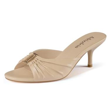 Imagem de Adrizzlein Salto mule feminino franzido, bico redondo, bico redondo, bico aberto, salto baixo, sandálias de salto alto, sapatos sociais, Nude., 35