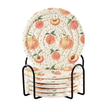 Imagem de SEHANY Conjunto de 6 porta-copos rosa pêssegos com suporte, porta-copos redondos absorventes de algodão resistente ao calor para mesa de jantar, canecas de café, proteção de copos, 10 cm