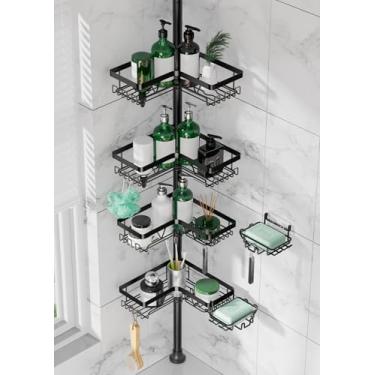 Imagem de DAOYA Suporte de chuveiro com poste de tensão, organizador de chuveiro de aço inoxidável de 4 camadas com 2 suportes de sabão removíveis, 63 a 35 cm, para banheira/banheiro, adequado para locatários