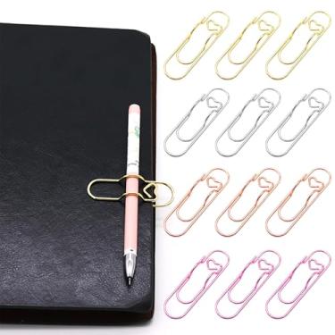 Imagem de Zrwcvxy Clipes de caneta de metal colorido, pacote com 12 suportes de clipe de papel de coração para cadernos e papéis, acessórios de planejador, material de escritório escolar (3 dourados, 3