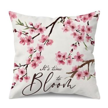 Imagem de HYJ Capas de almofada de flor de pêssego 45,7 x 45,7 cm, estampa floral "It's Time to Bloom", capa de almofada decorativa para primavera, casa, sofá, sofá, decoração ao ar livre