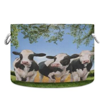 Imagem de JUZIHAI Cesta de armazenamento dobrável com janela de fazenda de vaca, cesto de roupa suja para bebê, cobertor com alças de corda de algodão, caixa organizadora de armário dobrável para quarto