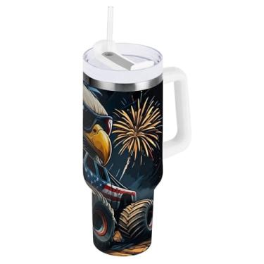 Imagem de ODAWA Copo grande à prova de derramamento com palha, copo de aço inoxidável isolado American Truck Fireworks com alça e tampa de canudo