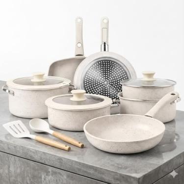 Imagem de Conjunto de Panelas Cerâmica, 18 Peças, Antiaderente com Cabo Removível, Branco, Compatível com Fogão a Gás, Indução e Elétrico, Inclui Tampas e Utensílios de Silicone