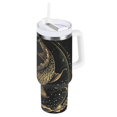 Imagem de ODAWA Copo de aço inoxidável isolado a vácuo grande com alça e tampa de palha, Koi Fish Gold Black Fall Isolado Tumbler