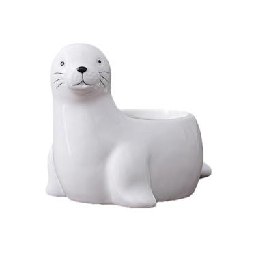 Imagem de SJBAG Vaso de suculentas de cerâmica em forma de leão marinho com orifícios de drenagem, vaso de animais pintado à mão para cactos e suculentas internos, decoração de casa exclusiva e presente (branco