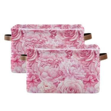 Imagem de Cesto de armazenamento de tecido com alças – Cestas retangulares dobráveis de lona de 36 cm x 26 cm para prateleiras, casa, escritório, flor, peônia, rosa, rosa, pacote com 2