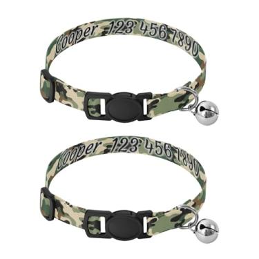 Imagem de Pacote com 2 faixas personalizadas de camuflagem militar para animais de estimação com nome e número de telefone, coleira respirável para gatos com sino, serve para pescoço de 27 a 43 cm