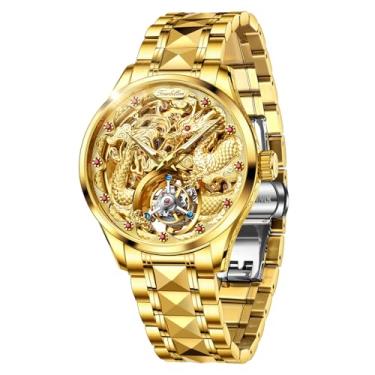 Imagem de OUPINKE Relógio masculino automático esqueleto, luxuoso, dourado, original, mecânico, cristal de safira, pulseira de aço de tungstênio, relógio de pulso masculino, G3270: Pulseira de dois tons e