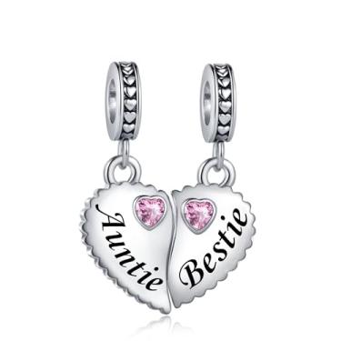 Imagem de Pingente de coração dividido de zircônia cúbica rosa Auntie Bestie serve para pulseiras Pandora berloques de Natal, aniversário, joias de presente para mulheres, sobrinha, família, amor