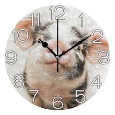 Imagem de GAIGEO Relógio de parede analógico decorativo relógio de cozinha bonito estético silencioso sem tique-taque, arte de parede boho decoração de casa fofo porco rosa preto impressão, 25 cm, ponteiros