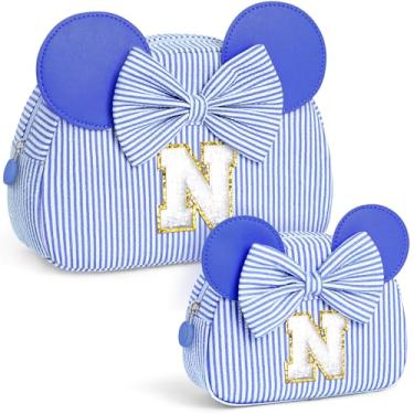 Imagem de QLOVEA Presentes de Natal para netos, bolsa de cosméticos inicial, bolsa de maquiagem de viagem, presentes de aniversário personalizados para crianças, Azul