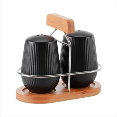 Imagem de Kit Saleiro e Pimenteiro De Mesa Cerâmica Preta Texturizada Com Suport