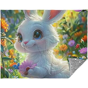 Imagem de Cobertor de sofá floral fofo de coelho branco presentes de viagem macios para mulheres adultas 177,8 cm x 139,7 cm impressão cobertores fofos personalizados