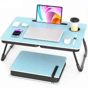 Imagem de BUYIFY Mesa de laptop dobrável portátil para cama e sofá, mesa de colo ajustável com suporte de copo e suporte de telefone, ideal para trabalhar, ler, escrever e café da manhã (azul) - VVS1