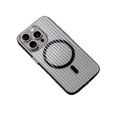 Imagem de Capa rígida transparente HD com padrão ondulado para iPhone 16, 15, 14, 13, 12 Pro Max, com carregamento magnético sem fio e acabamento fosco, na cor preta. Compatível com iPhone 16 Plus.