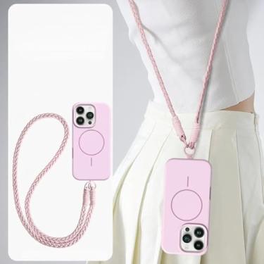 Imagem de Capa protetora de silicone líquido magnética com alça longa transversal para iPhone 15, 14, 16 Plus, 11, 12, 13, 16 Pro Max, rosa, para iPhone 14 Pro