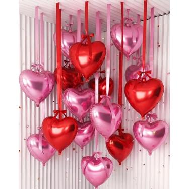 Imagem de Jenaai 30 Sets Valentine Heart Foil Balloons Bulk, 30 8" Heart Balloons, 30 6.3" Satin Bows for Balloon and 2 Pcs Ribbons, Love Foil Balloon for Valentine Party Supplies Wedding Bridal(Pink, Red)