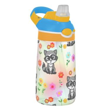 Imagem de Garrafa de água infantil Tritan de 473 ml, reutilizável, garrafa de água de plástico de 473 ml com canudo copo infantil portátil à prova de vazamento, alça de transporte, guaxinins de desenho fofo
