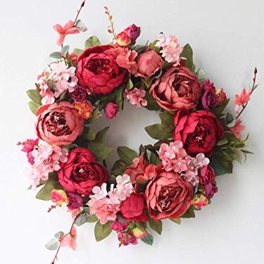 Imagem de Guirlanda de peônia artificial para porta da frente, grinalda de flor de peônia bordô de 38 cm com folhas verdes rosa, guirlanda de porta de flores de primavera verão para parede, festa de casamento
