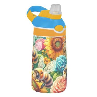 Imagem de Garrafa de água infantil Tritan de 473 ml, reutilizável, garrafa de água esportiva de 473 ml, com canudo, copo infantil portátil à prova de vazamento, alça de transporte, flores coloridas e estéticas
