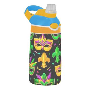 Imagem de Garrafa de água infantil de 473 ml com tampa de palha, garrafa de água esportiva Tritan portátil de 473 ml, copo infantil reutilizável à prova de vazamento, alça de transporte, máscaras de carnaval