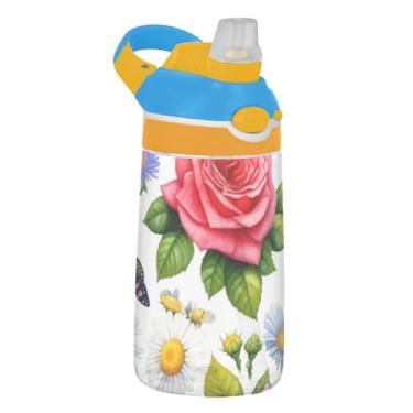 Imagem de Garrafa de água infantil de 473 ml, reutilizável Tritan Sports de 473 ml, com canudo, copo infantil portátil à prova de vazamento, alça de transporte, flores de primavera em aquarela rosas