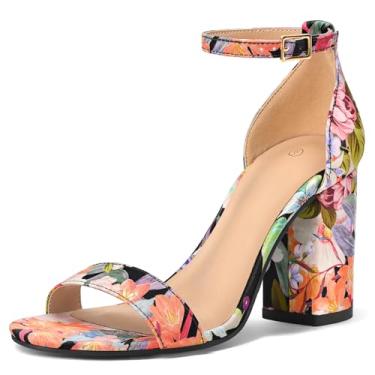 Imagem de COASIS Sandálias femininas de salto grosso, bico aberto, tira no tornozelo, 8,5 cm, Floral, 35