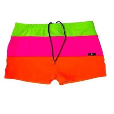 Imagem de Sunga Adulto Boxer Moda Praia Tricolor Verde Rosa e Laranja Neon Proteção UV-Masculino