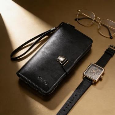 Imagem de Carteira masculina clássica preta com alça de couro genuíno brilhante resistente à água, design clássico de grande capacidade com alça, sensação de couro brilhante, resistente à água