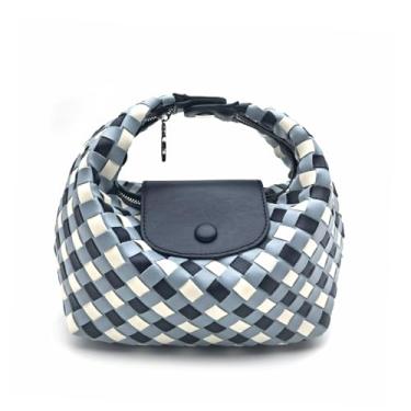 Imagem de Qiannaura Mini lancheira conversível com bloqueio de cor feminina pequena bolsa axila com 2 tiras, design minimalista de bolinho de massa com fecho de zíper - azul e branco