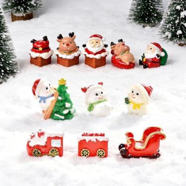 Imagem de Conjunto de 11 peças de estatuetas de Natal em miniatura, mini ornamentos de resina, boneco de neve, árvore de Natal, Snata Claus, veado para globo de neve, kit faça você mesmo, decoração de vila de
