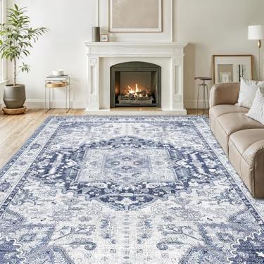 Imagem de xilixili Tapete lavável 12 x 18 cm - Tapete macio para interior azul antiderrapante para sala de estar quarto tapete vintage resistente a manchas para decoração de casa tapete (azul marinho/azul, 1,5