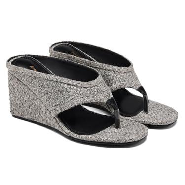 Imagem de ReneChristine Pantufas femininas de salto alto nude sem cadarço confortável vestido de noite chinelos sandálias de dedo redondo para mulheres salto de 8 cm, Prateado, cinza, 41