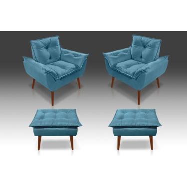 Imagem de Kit 02 Poltrona Opala + 02 Puf Opala Suede  Azul Claro -CASA DA POLTRO