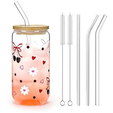 Imagem de Koythin Copos de vidro com tampas e canudos, adorável xícara de café gelado para smoothies, refrigerante, coquetéis, suco, chá, latte, copo com tampa de canudo para festa em casa, conjunto de copos de
