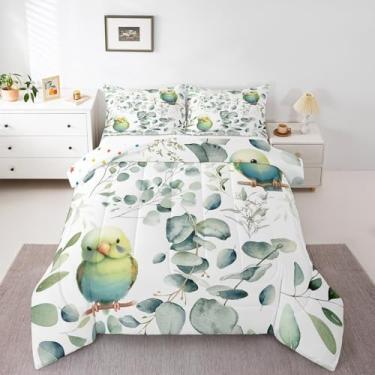 Imagem de Erosebridal Jogo de cama casal com estampa de papagaio fofo, estampa de eucalipto verde, animal selvagem, pássaro, planta botânica, folhas, estampa de animais selvagens, edredom acolchoado