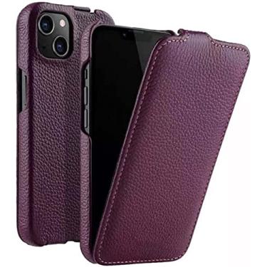 Imagem de FULNES Capa para Apple iPhone 14 Plus 6,7 polegadas 2022 Capa Folio Vertical, Padrão de Lychia Flip Vertical Premium Couro à Prova de Choque (Cor: Roxo)