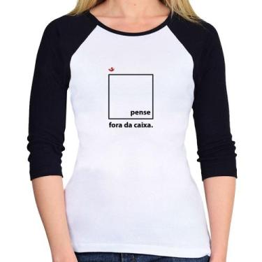 Imagem de Baby Look Raglan Pense fora da caixa Manga 3/4 - Foca na Moda, Branco,