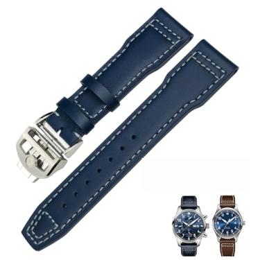 Imagem de HEPUP Pulseira masculina de couro genuíno de 20 mm, 21 mm e 22 mm, adequada para relógio IWC Pilot's IW3777 PORTOFINO Mark 18, preto, azul e marrom (dobra azul, 20 mm)