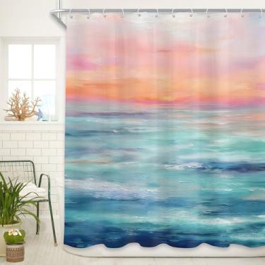 Imagem de Cinbloo Cortina de chuveiro abstrata rosa azul oceano 72Lx72H praia mar pintura a óleo céu nascer do sol natureza paisagem verão Havaí cenário conjunto de cortinas de banheiro moderno banheiro