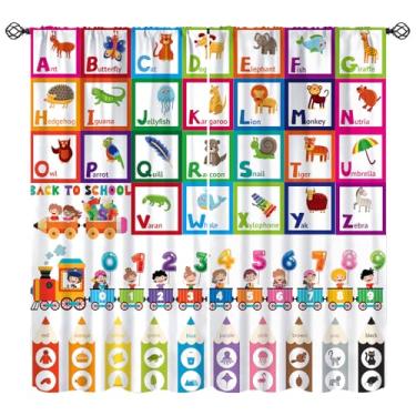 Imagem de Cortinas do alfabeto ABC, tratamentos de janela com padrão de letra de educação de animais de desenho animado, cortinas com isolamento térmico com bolso para varão, conjunto de 2 painéis para quarto