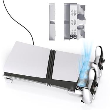 Imagem de AARONMEI Suporte de resfriamento horizontal com ventilador de 3 níveis e carregador de 2 controles para PlayStation 5 Slim/Pro, estação de resfriamento com sistema de resfriamento ajustável (branco)