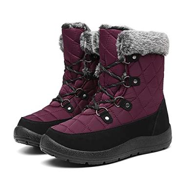 Imagem de Botas de inverno femininas – Botas de inverno macias e confortáveis de pele sintética até o meio da panturrilha botas de inverno com cadarço e preto isolado para uso ao ar livre, Vermelho, 7.5 Wide